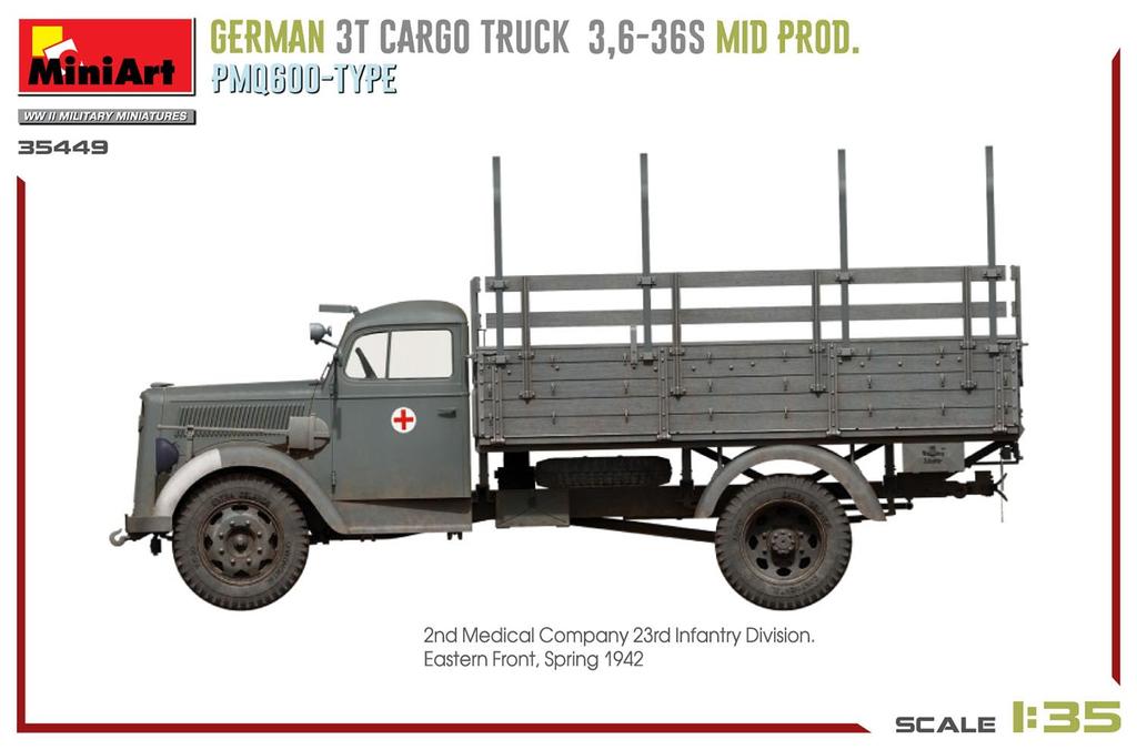 MiniArt German Army Cargo Truck Type PmQ600 Plastic Model Kit MA35449 1/35 WW.II 3-ton 3.6-36S Mid-Production