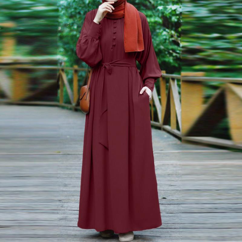 Herbst Damen Einfarbige Collage Vier-Seiten-Stretch-Muslim-Langarmkleider