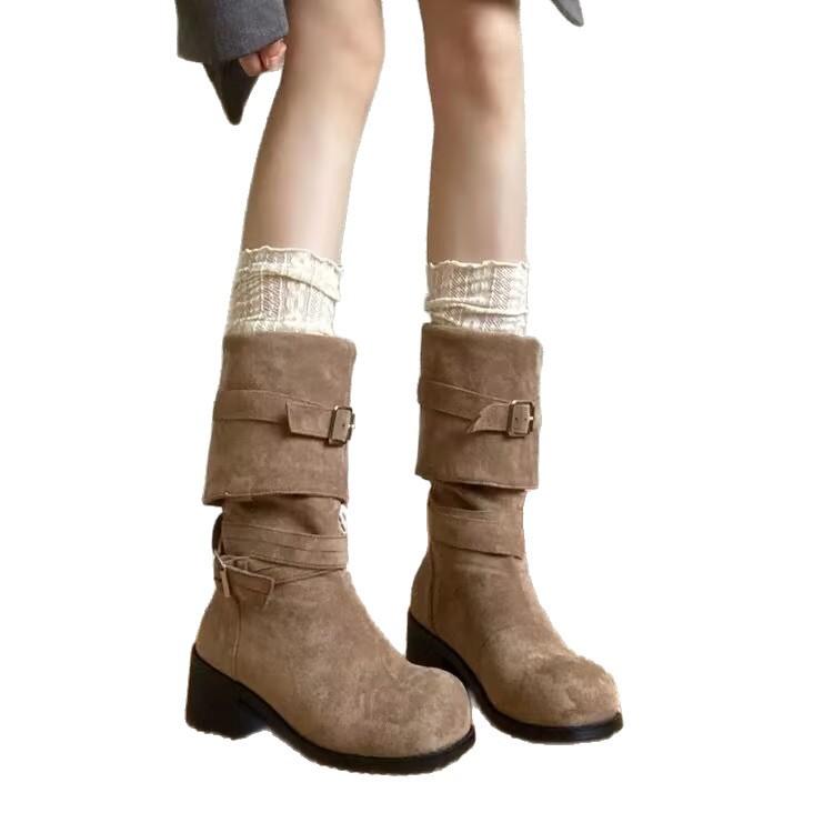 Vintage Pile Boots Western Cowboy Boots Summer 2025 New Tall Boots Women's Boots Small Khaki Boots