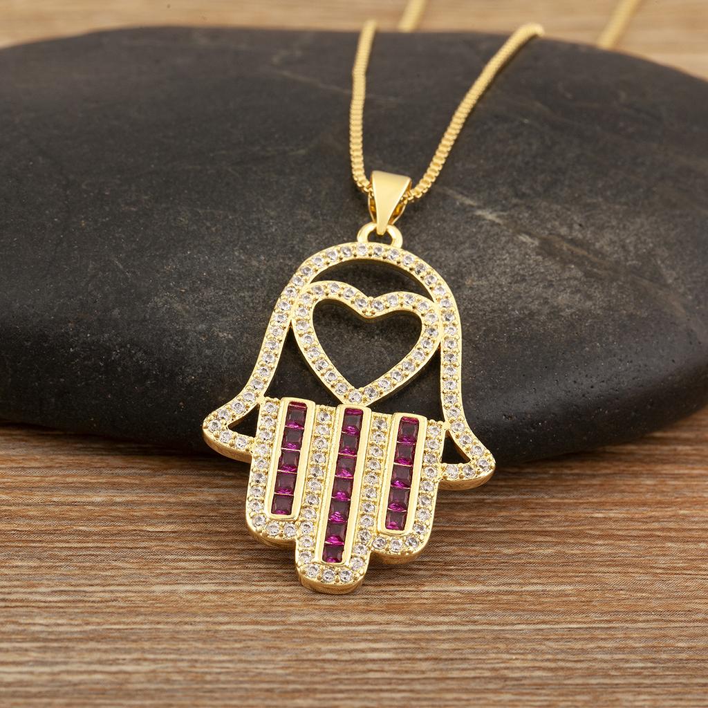 AIBEF Turkish Crystal Heart/Star Hand Palm Hamsa Pendant Necklace Copper Zircon Jewelry For Women Gift  Dropshipping