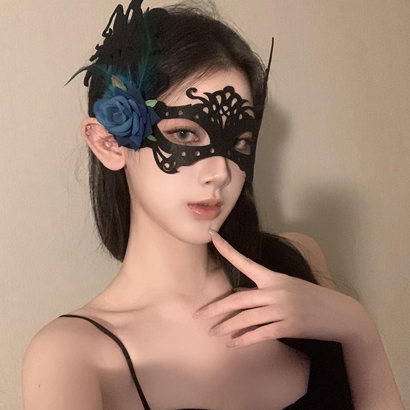 Mască de față sexy din dantelă cu pene - Accesoriu de petrecere mascat pentru Halloween