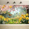 2D Flat,Cherry Blossoms Daffodils Butterflies Spring Garden Landscape Tapestry Floral Wall Art Living Room Decor VibrantSeasonal