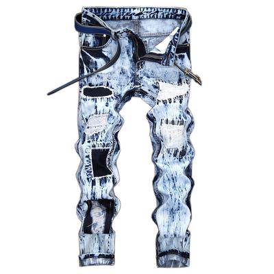 MAITA Men Retro Jeans Personality Hole Patch Slim Straight Jeans Pants for Male Plug Size 28-42