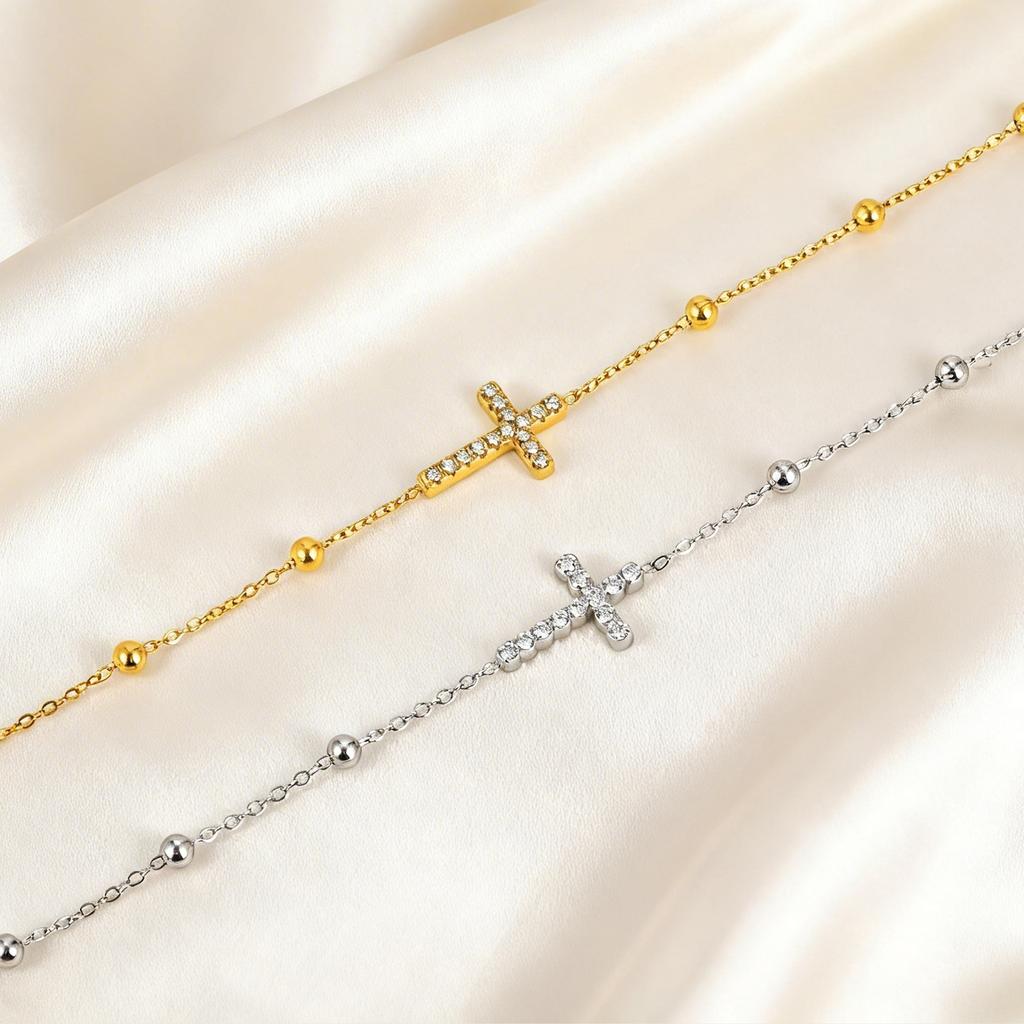 Crystal Cross Bracelet 18K PVD Plated Beads Chain Religion Jewelry for Women Stainless Steel Pulsera Cruz Bangle Waterproof