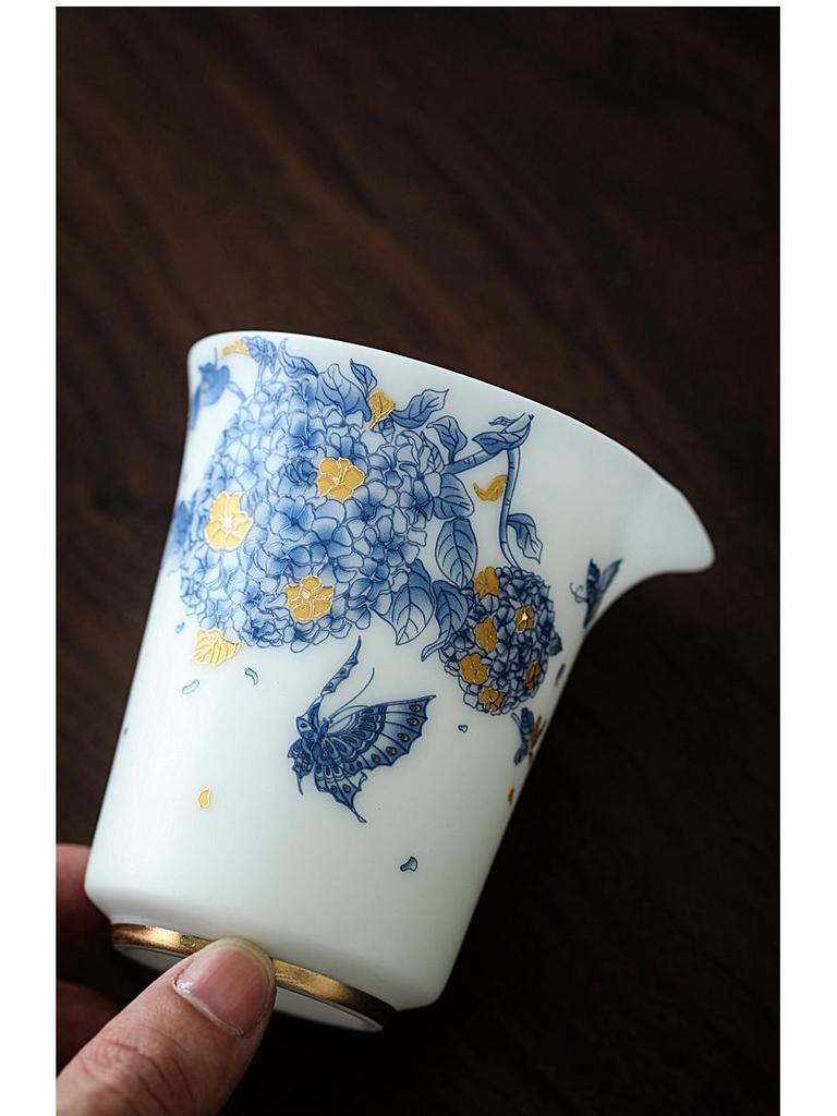 Ice Jade Mutton Fat Jade White Porcelain Tea Set with Enamel Painted Hydrangea and Sancai Gaiwan