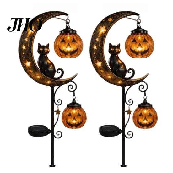 Időjárásálló Őszi Kerti Díszek Halloween Napelemes Karófény, Fekete Macska Tök Félholdon Díszes Udvari Táblákkal Lógó Lámpás, 2pcs