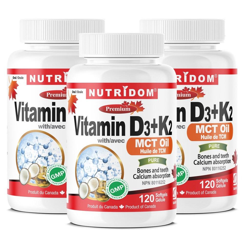 Vitamin Nutridom Vitamin D3+K2 MCT Oil Containing Optimal Blend D3 & K2 1000IU 120mcg Softgels Canada 3 pcs 120 Tablets