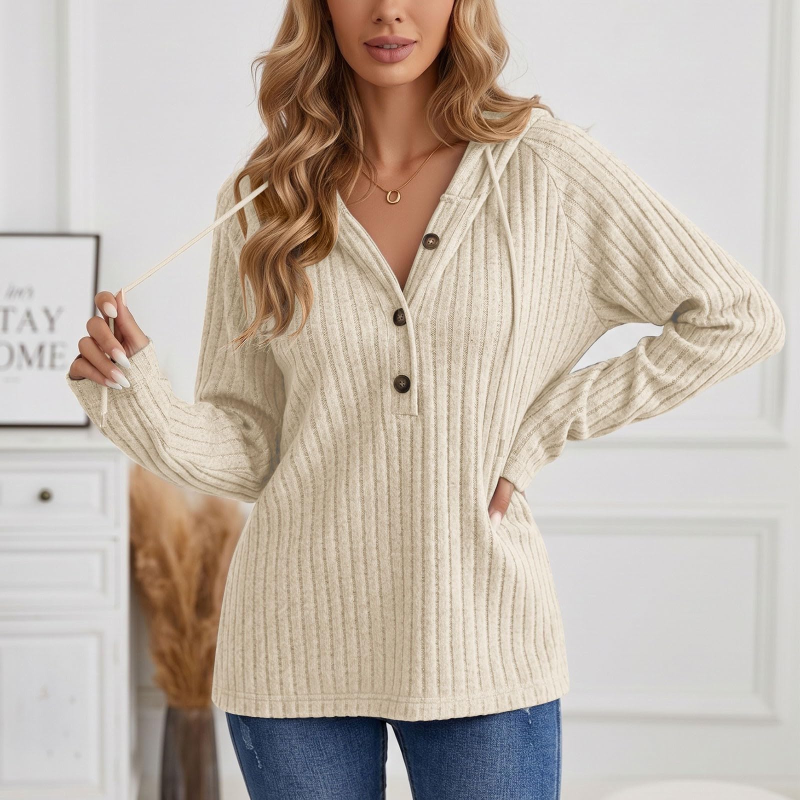 Women s Knit Hoodie V-Neck Button Front Long Sleeve Loose Fit Casual Top L