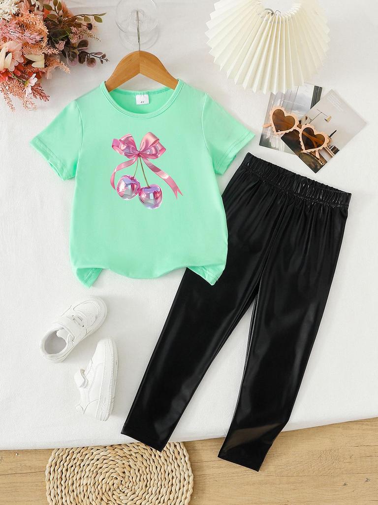 Summer Girls' Two-Piece Set: Fashionable Printed Short Sleeve Top & Long Pants