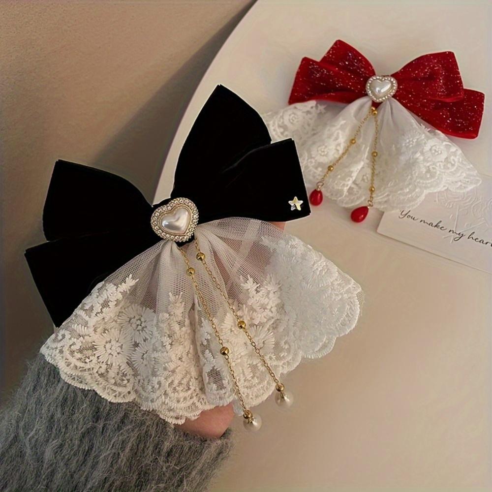 Sweet Temperament,Lace Red Big Bow,Runaway Princess, Broken Diamond Hair Clip,Women's Back of The Head Headband Accessory