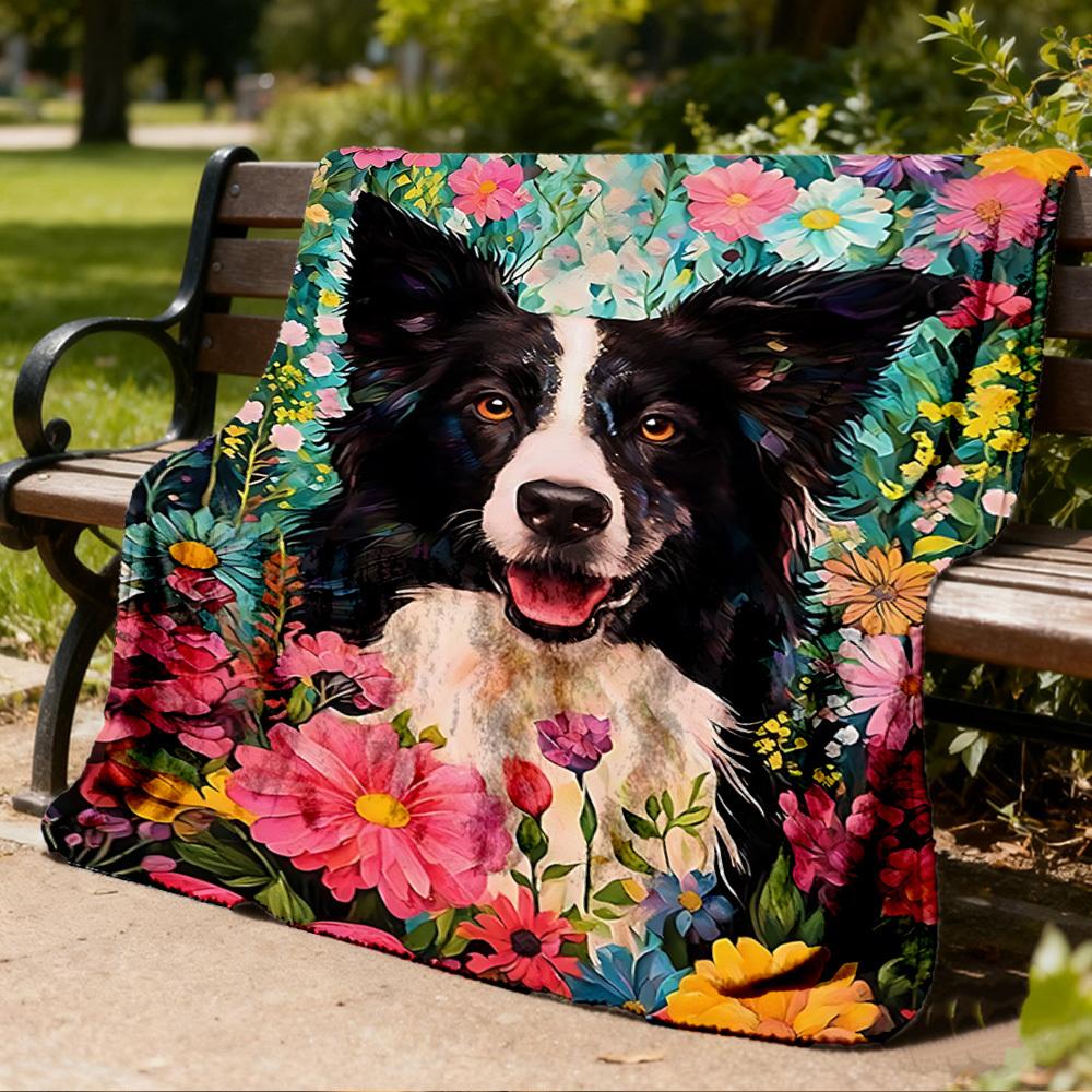1pc Floral Border Collie Print Outdoor Soft Polyester Flannel Throw Blanket Versatile for All Seasons , Soft , Cozy , Warm All Season Quilted Throw ,