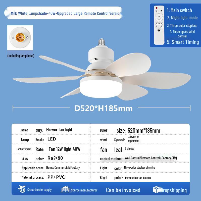 Ferngesteuerte LED-Blumen-Ventilatorleuchte mit E27-Sockel und stufenloser Dimmung für Zuhause