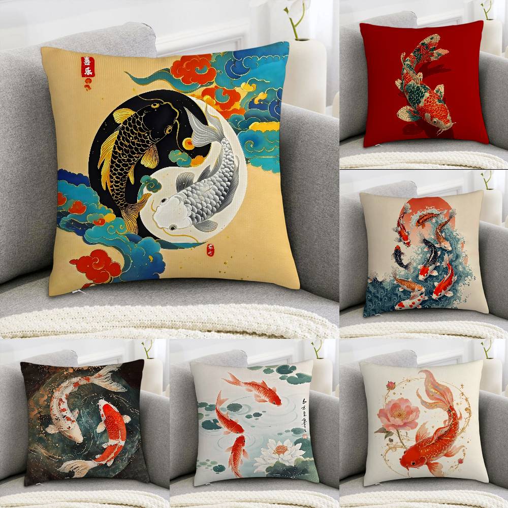 Carp illustration Pillow Case Sofa Decorative Home Double-sided Print Plush Square Throw Pillow Covers Cushion Decor Cover