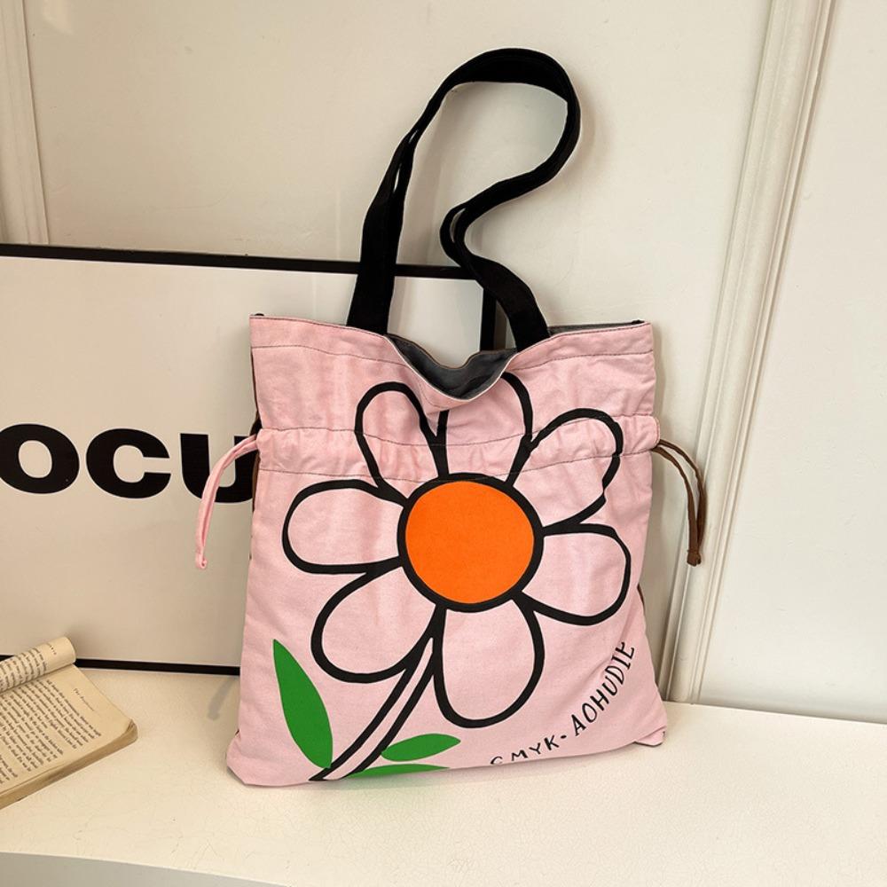 

Large Capacity Drawstring Bag Fashion Printed Handbag Simple Flower Shoulder Bag Travel розовый