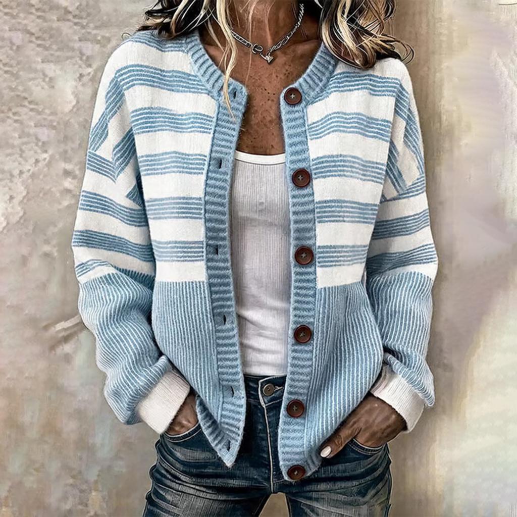 Women's Fashionable Striped Print Long Sleeve Knit Cardigan with Buttons