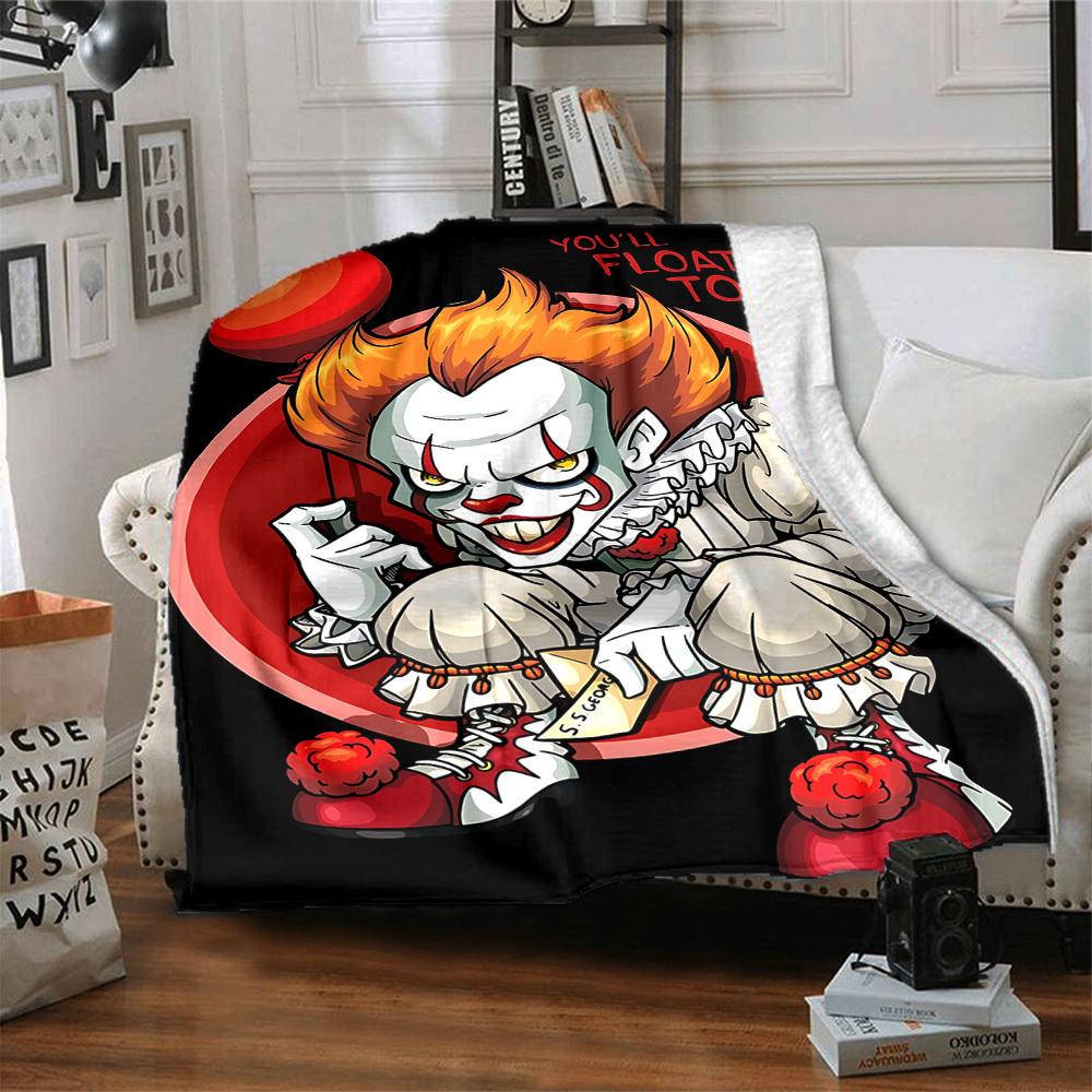 1pc It "Clown" Flannel Throw Blanket - HD Printed Lightweight Soft Warm All-Season Blanket for Sofa, Bed, Travel, Camping 020