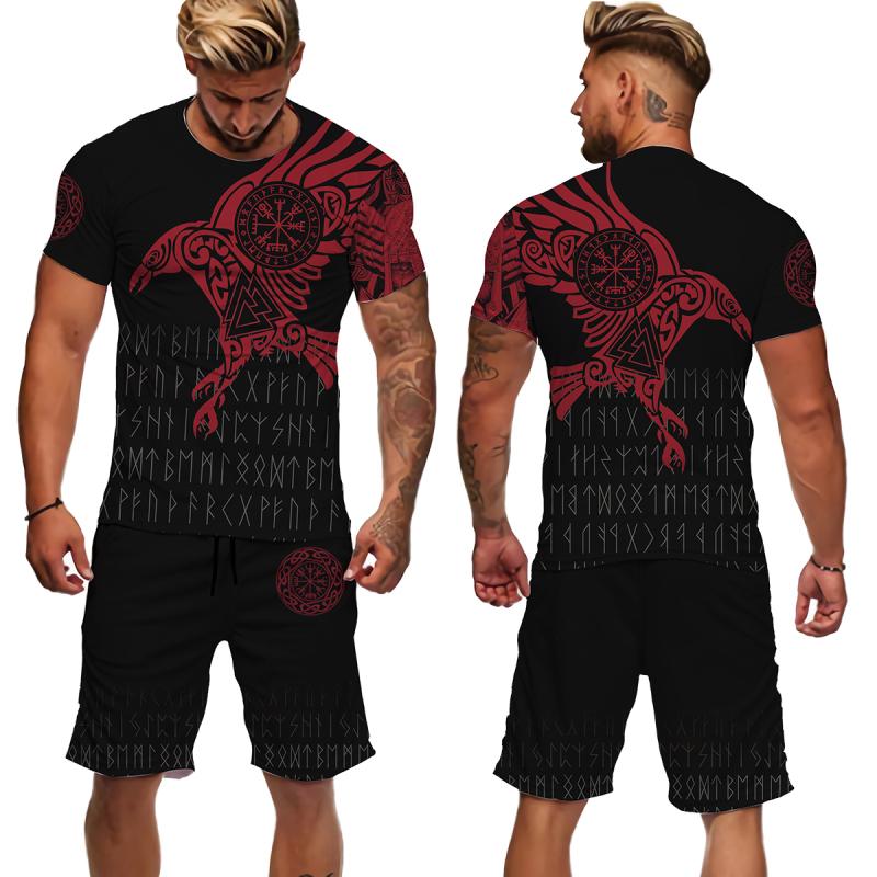 Viking Summer Men T Shirt Set 3D Printed Vintage Clothes Short Sleeve Tshirts Shorts Oversized Tracksuit Fashion Men Sport Suit