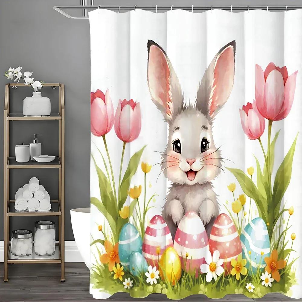 Easter Shower Curtain, Cute and Funny Cartoon Bunny Tulip and Green Grass Colorful Eggs, Polyester Fabric Bathroom Decorative S