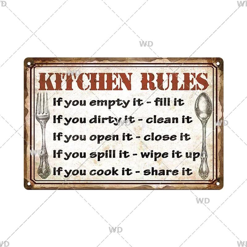 Retro Tin Sign Kitchen Rules Food Iron Painting Wall Art Metal Vintage Plaque Metal Posters for House Home Dinning Room Decor