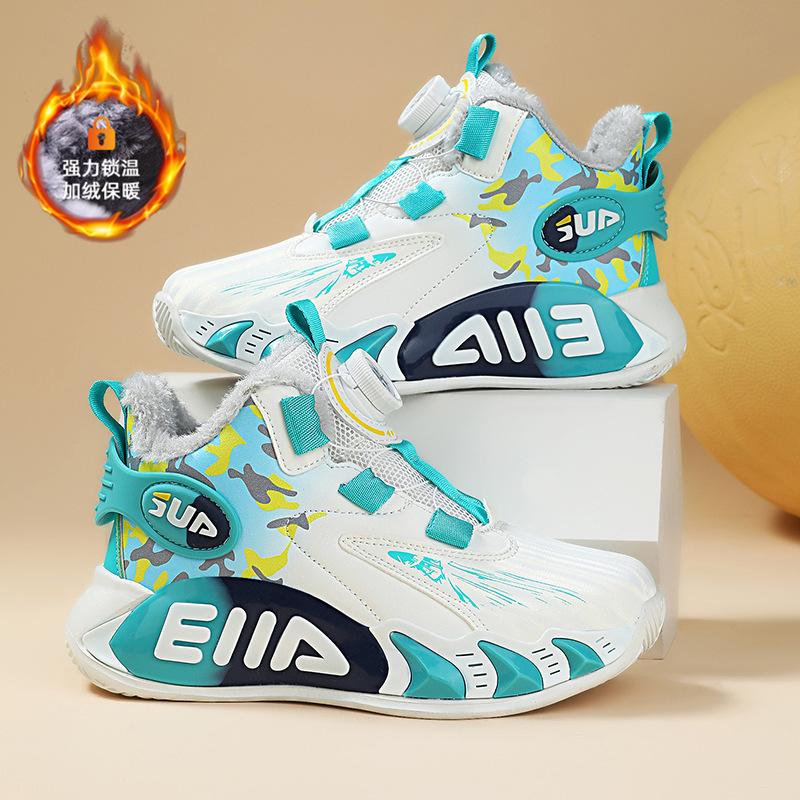 Children's basketball shoes Boys' winter velvet warm new large cotton cold-proof button sports shoes leather boys running shoes