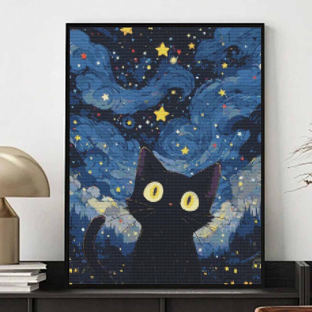 Diamond Painting Kit. Full Diamond Round Mosaic Black Cat Starry Sky. Handmade Home Decoration Gift