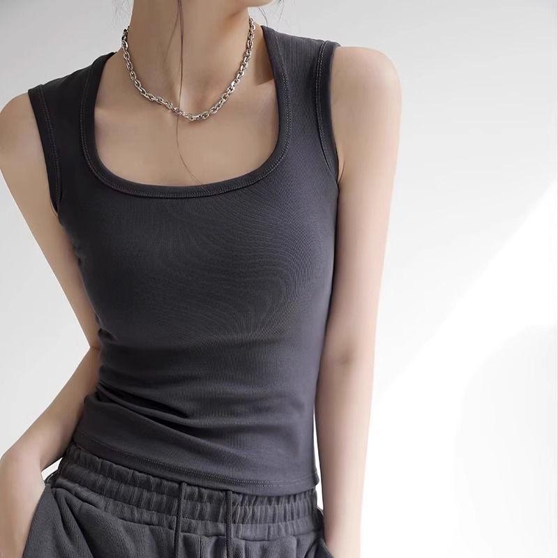 

Fashion Sleeveless Athleisure U-Neck T-shirt Camisole Dark gray Long XL