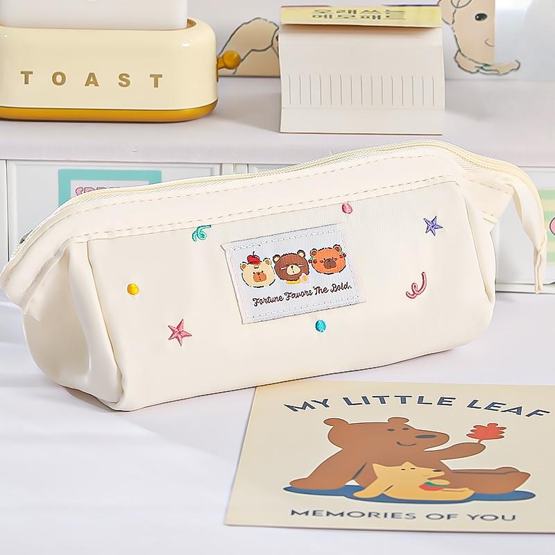 1pcs Three Cartoon Bear Pencil Bag Pen Case Embroidery Design Large Opening Cute Portable Storage Pouch Student