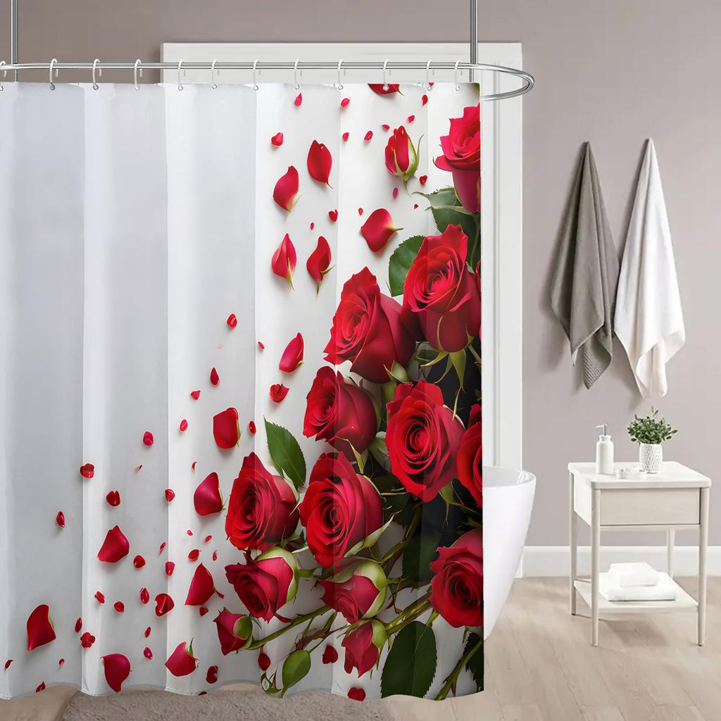 1Pc Valentine'S Day Red Rose And Green Leaves Print Shower Curtain - High Quality Polyester Fabric With Hook, Machine Washable