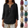 Damen Casual -Einfarbig Baumwolle-Leinen Langarm V-Ausschnitt Knopfleiste T-Shirt