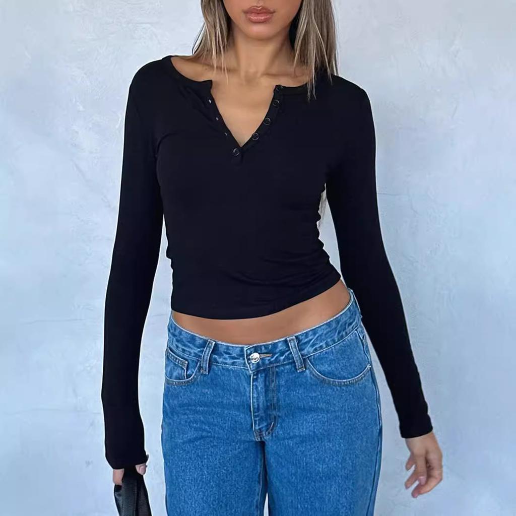 Jarní a podzimní dámský Y2K slim módní žebrovaný top s knoflíky a dlouhým rukávem