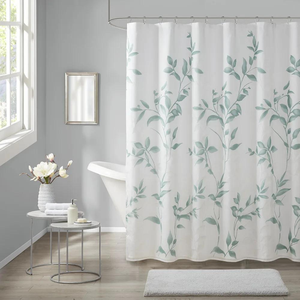 

Elegant Green Leaf Shower Curtain For A Serene Bathroom, Featuring Delicate Branches And Leaves On A Soft White Background W90XH180cm
