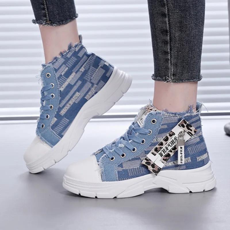 Women Sneakers New Canvas High-top Women Shoes 2025 Breathable Denim Sneakers Women Summer Thick Bottom Heightening Casual Shoes