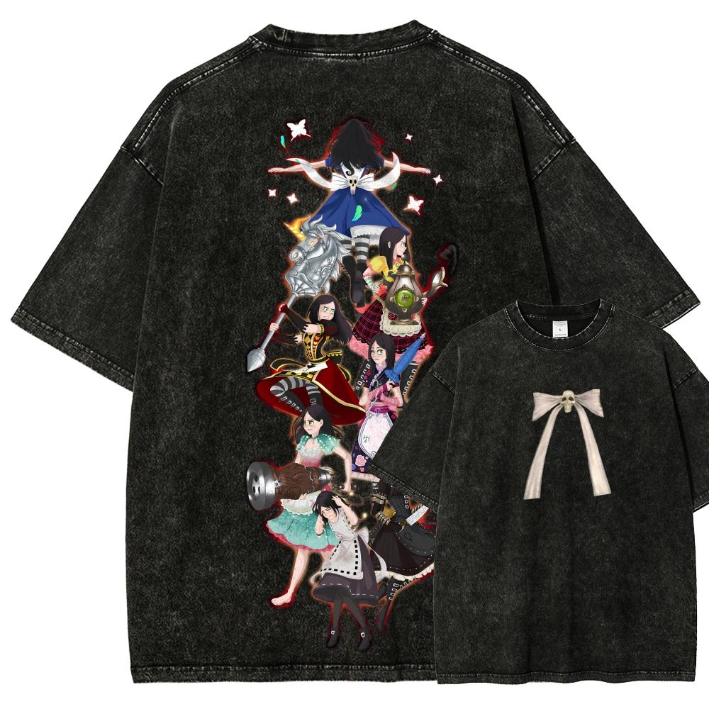 Alice Madness Returns Vintage Washed Graphic Print T Shirt Unisex Crew Neck Short Sleeve Cotton Casual Streetwear Fashion Tees Tops for Men Women