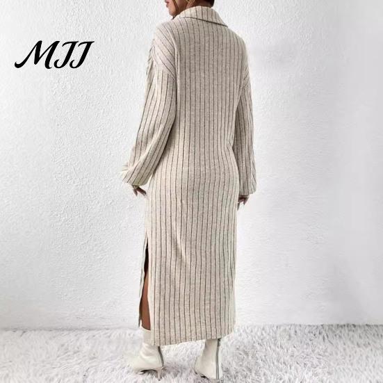 Knit Sweater Dress Women for Fall Winter, Ribbed Long Sleeve with Soft Midi Dresses Side Split, Solid Color Casual Collared V Neck