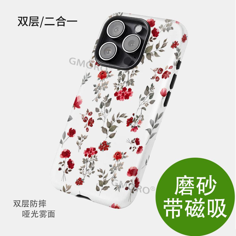 Double-layer Processed French Rose Floral MagSafe Magnetic Suction iPhone17 Mobile Phone Case Anti-drop Protective Case