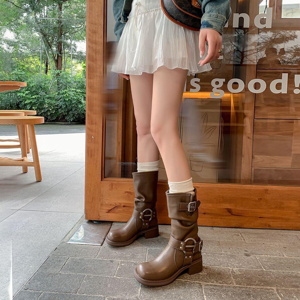 Fashion Leather Fleece-Lined Middle Heel Half High Boots for Women Comfortable and Elegant Y2k Large Size Warm Pu Mid Calf Shoes Woman