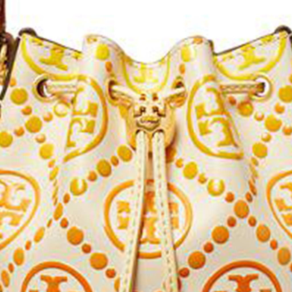 Tory Burch Twill T-Logo Embossed Drawstring Bucket Bag Women Handbags Ivory Orange 148682-104
