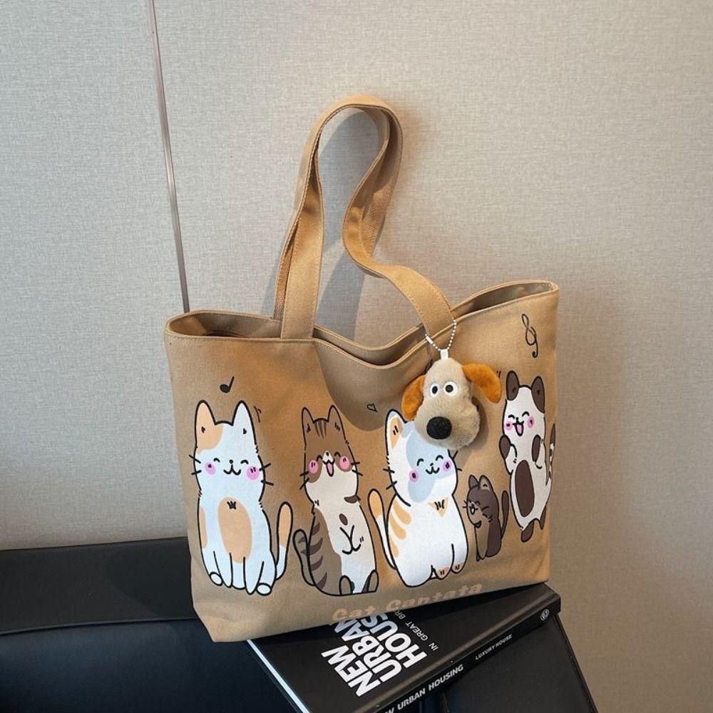 Cute Cartoon Canvas Bag for Women Large Capacity Versatile Shoulder Bag Casual Handbag Commuting Tote Bag Cat Shoulder Bag