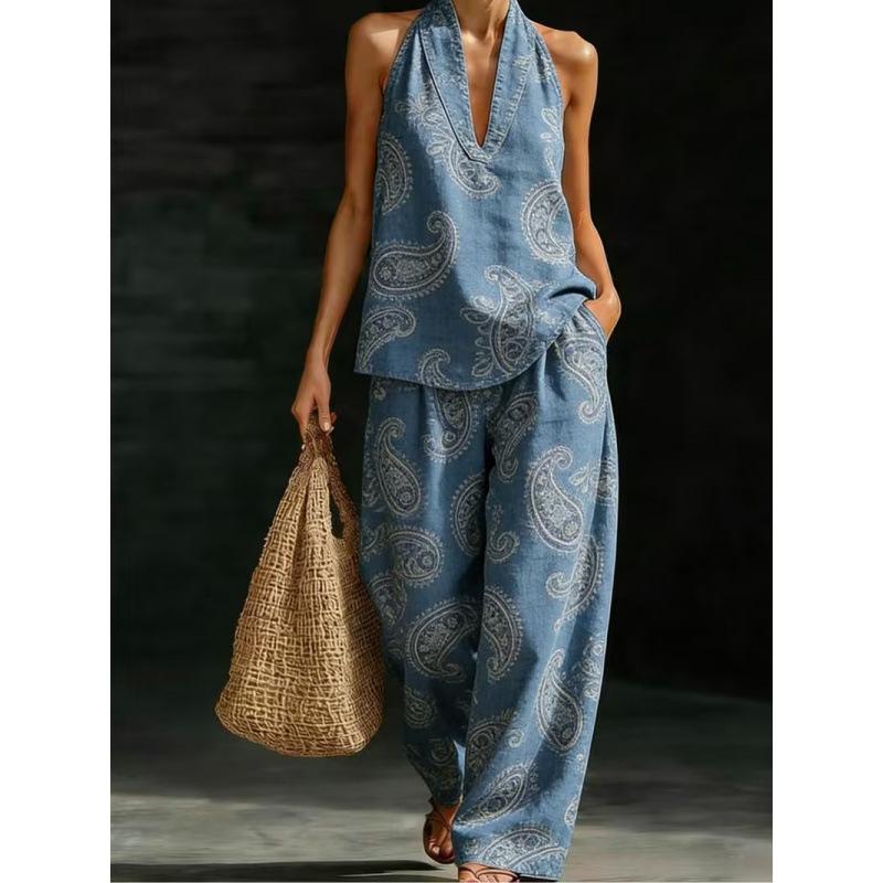 1116 Summer Cool Neck Suit Women's Temperament V-Neck Off-Shoulder Top + High Waist Wide Leg Pants Two-piece Set