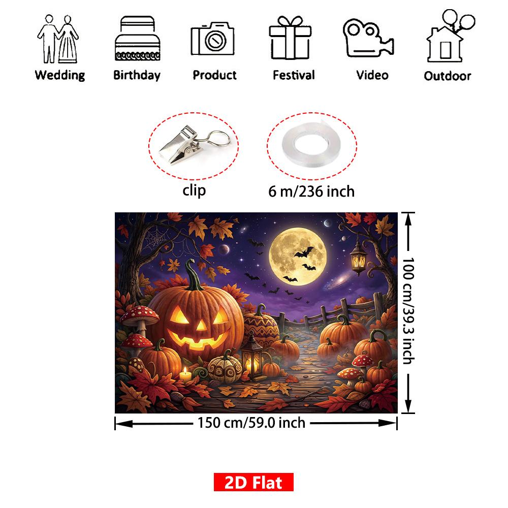 [2D Flat] 1 piece, spine-tingling Halloween backdrop banner, with pumpkin full moon and autumn leaves pattern, terrifyingzyc