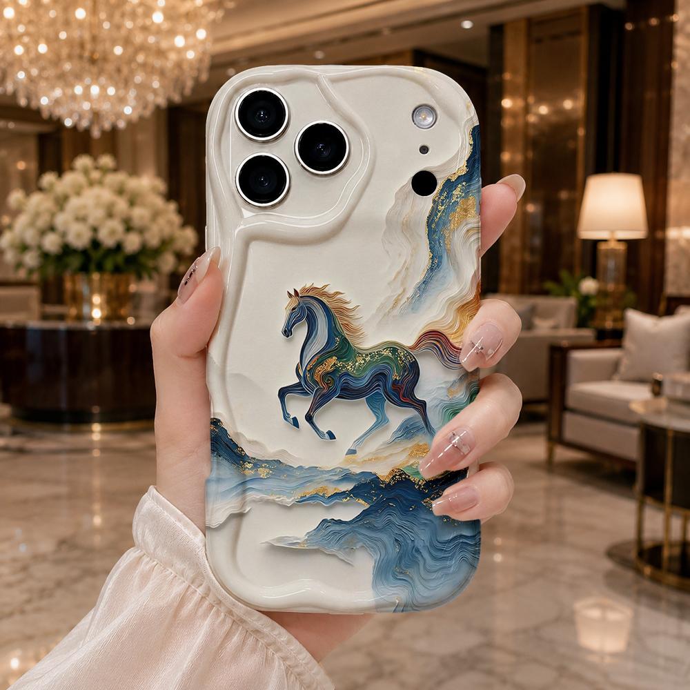 Chinese Style Golden Landscape Running Horse Wavy Edge Phone Case For iPhone 16 15 14 Pro Max 13 12 11 Mini XR XS SE 2020 17