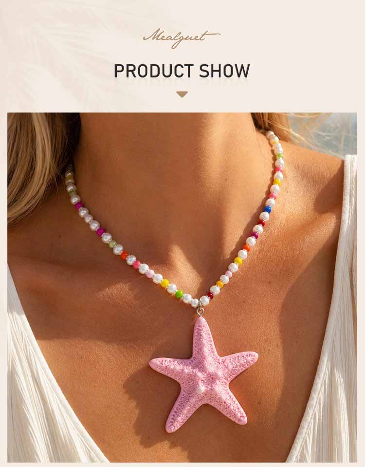 Large Resin Starfish Pendant Necklace for Women, Colorful Glass Beaded Choker, Boho Beach Statement Jewelry
