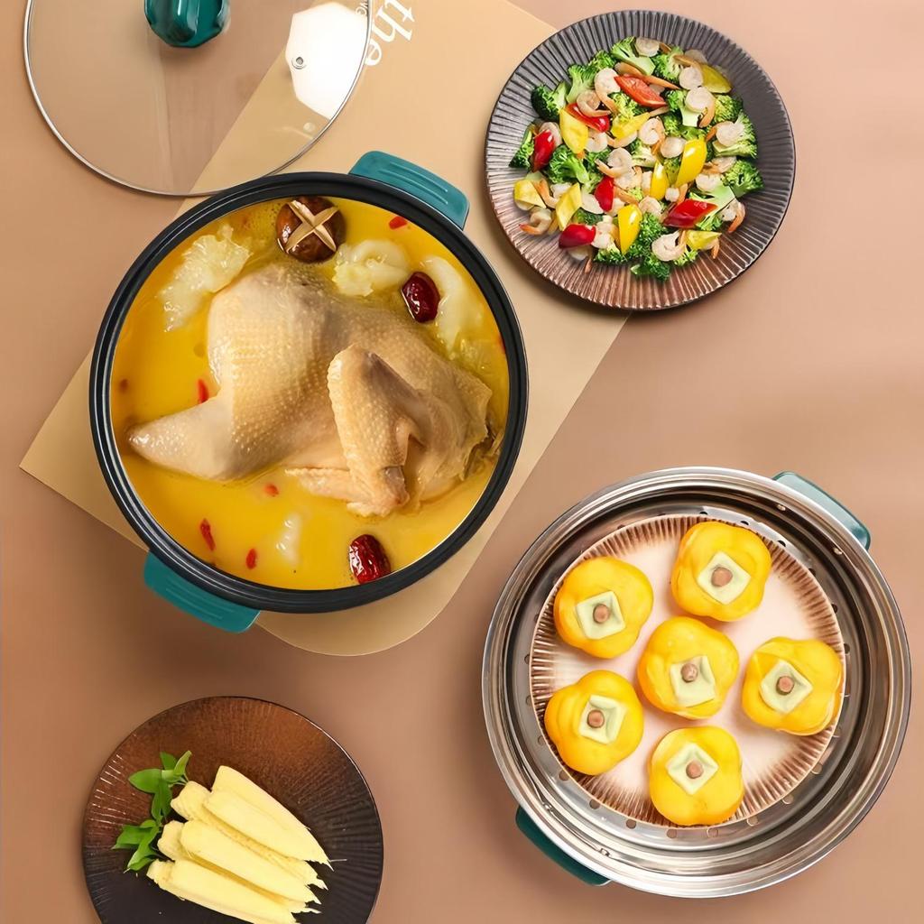 Double-Layer Electric Cooking Pot, Large Capacity, Multifunctional for Steaming, Boiling, Frying, Non-Stick, Ideal for Dorm Use