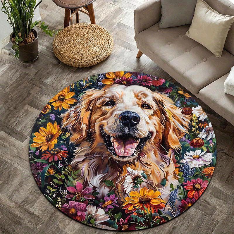 1 Stück Golden Retriever in Blumen Runde Bodenmatte - Rutschfeste Maschinenwaschbare Weiche Matte mit Lebendigem Golden Retriever Blumenmuster