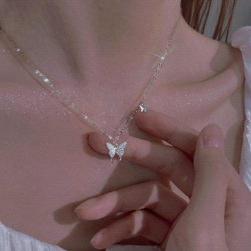 Full Diamond Butterfly Pendant Necklace Women Luxury Zircon Clavicle Chain