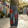 High Rise Trousers Women Waisted Wide Leg Jeans, Vintage Floral Print Faux Denim Jeans Trousers, Loose Fit Casual Pants with Pockets & Metal