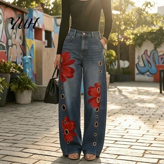 High Rise Trousers Women Waisted Wide Leg Jeans, Vintage Floral Print Faux Denim Jeans Trousers, Loose Fit Casual Pants with Pockets & Metal