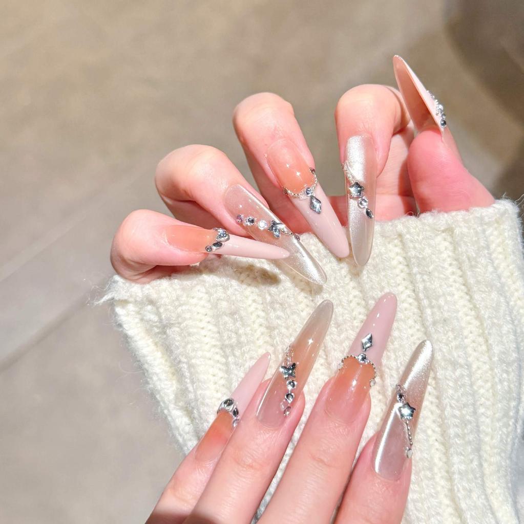 Pink French Cat Eye Long Press-On Nails with Thin Dog Nail Stickers - Removable Fake Nails