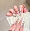Pink French Cat Eye Long Press-On Nails with Thin Dog Nail Stickers - Removable Fake Nails