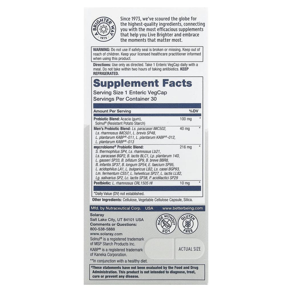 Solaray, Mycrobiome®, Complete Probiotic, Men's, 30 Veggie Capsules